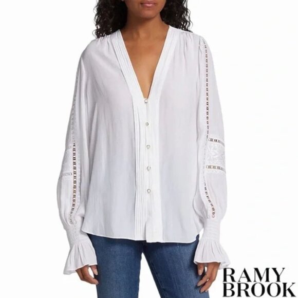 Ramy Brook Tops - Ramy Brook Noa Blouse Size Large White Lace Insert Peasant Career Corp Blouse